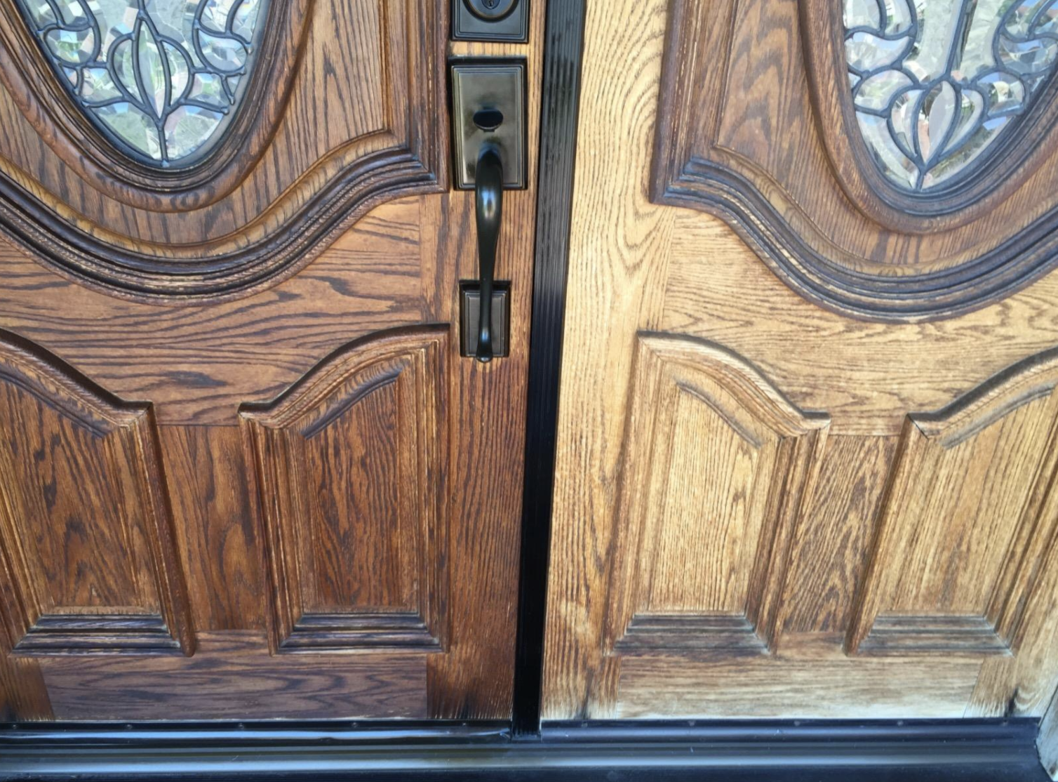 Reviewer image of their front door with half of it covered in the polish and the other not. The half with the polish is shinier and darker.