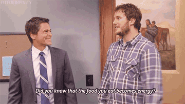 Andy saying to Chris, &quot;Did you know that the food you eat becomes energy?&quot;