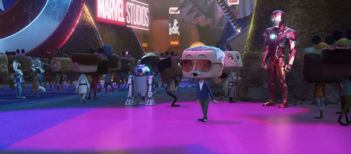 An animated Stan Lee stands with an animated Iron Man and R2-D2