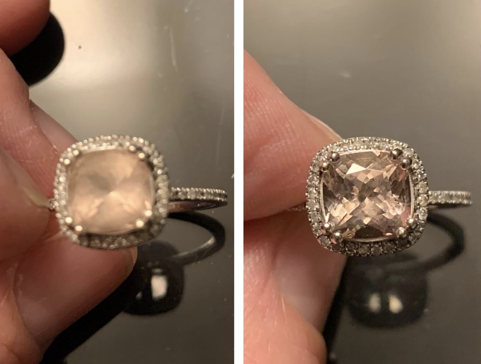 Before/after pic of reviewer&#x27;s ring. The before pic is incredibly cloudy and the after pic shows a noticeable difference.