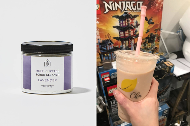 (left) Multi-surface scrub cleaner (right) Silicone straw in a plastic cup with a drink in it