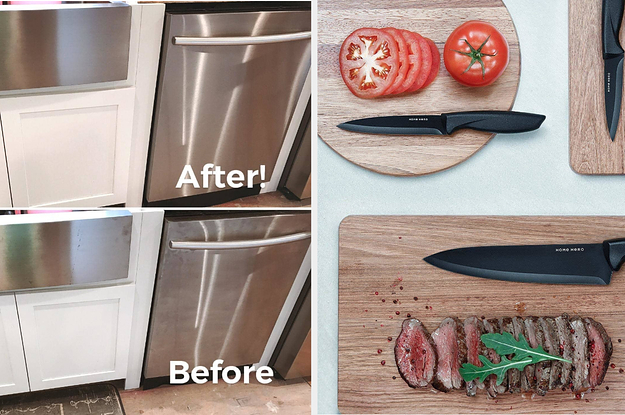 A before/after of cleaning a stainless steel dishwasher / a black knife set on cutting boards