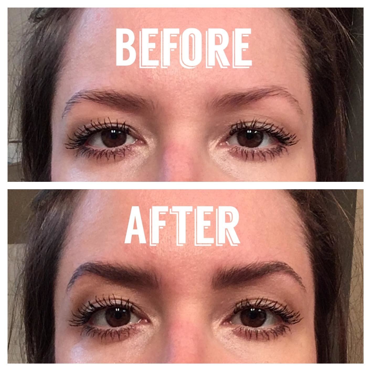 before-and-after photo of reviewer with sparse brows on top, and then fuller, more defined brows on the bottom