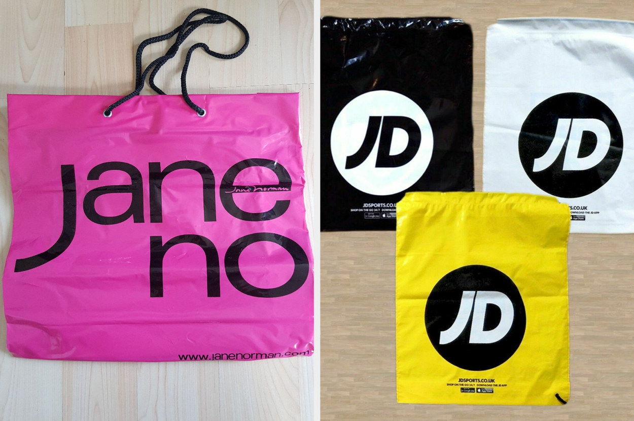 A split image showing a pink drawstring Jane Norman bag and three drawstring JD Sports bags in black white and yellow laying flat on a wooden table