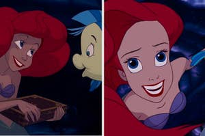 Side-by-side image of Ariel showing a collection of thingamabobs to Flounder and her swimming towards the camera in her cove