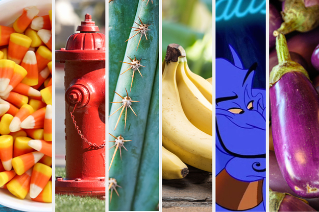 Side-by-side images of a bowl of candy corn, a fire hydrant, a cactus, a bunch of bananas, Genie from Aladdin, and an eggplant