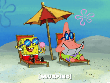 SpongeBob SquarePants and Patrick Star from &quot;SpongeBob SquarePants&quot; sitting on beach chairs and eating ice cream 