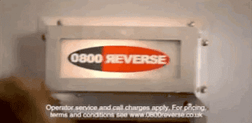 A Gif showing a young blonde woman at a pay phone. She holds the phone in her hand and smiles before the shot pans up to show the logo for 0800 reverse on the top of the payphone