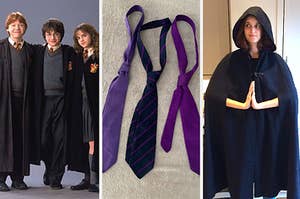 on left, Harry, Hermione & Ron in uniform. In center, three school ties laid out. on right, woman wearing hooded cloak