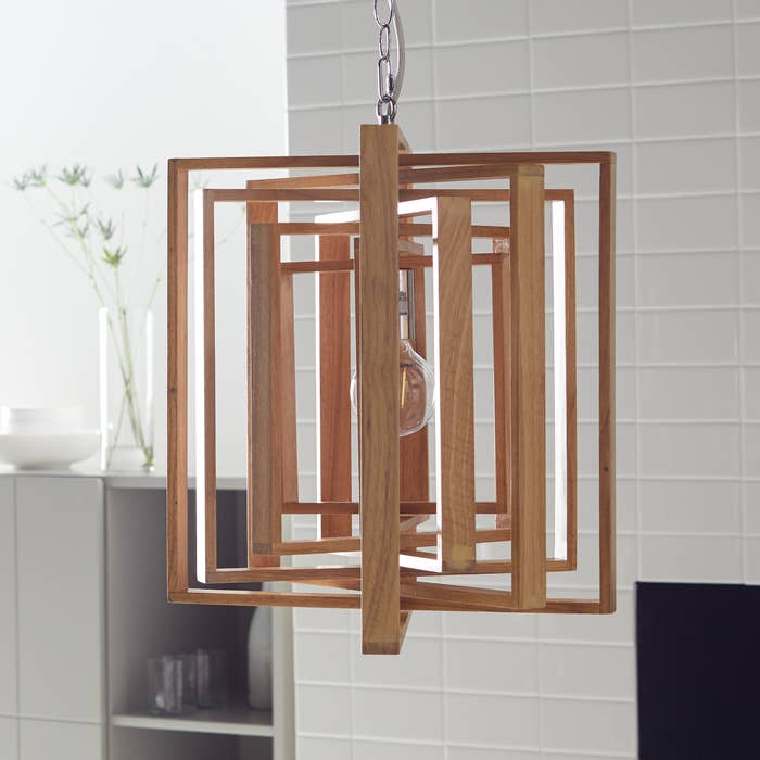 The pendant light featuring wooden square elements 