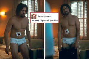 Two images of Diego standing up in his underwear. He has a knife wound. The caption reads: "Sexuality: Diego in tighty-whities"