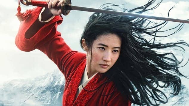 Mulan in a fighting stance. Her sword is raised above her head, ready to strike
