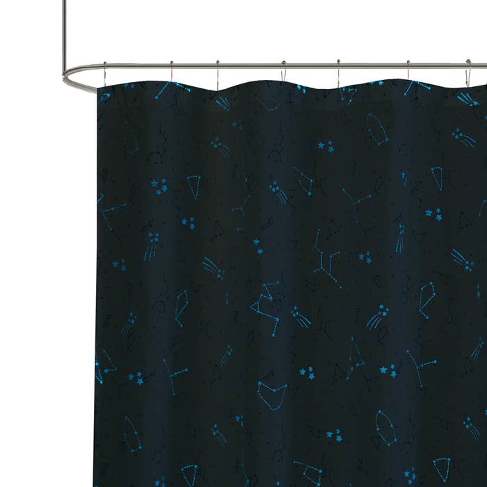 The dark blue shower curtain with zodiac constellations on it 