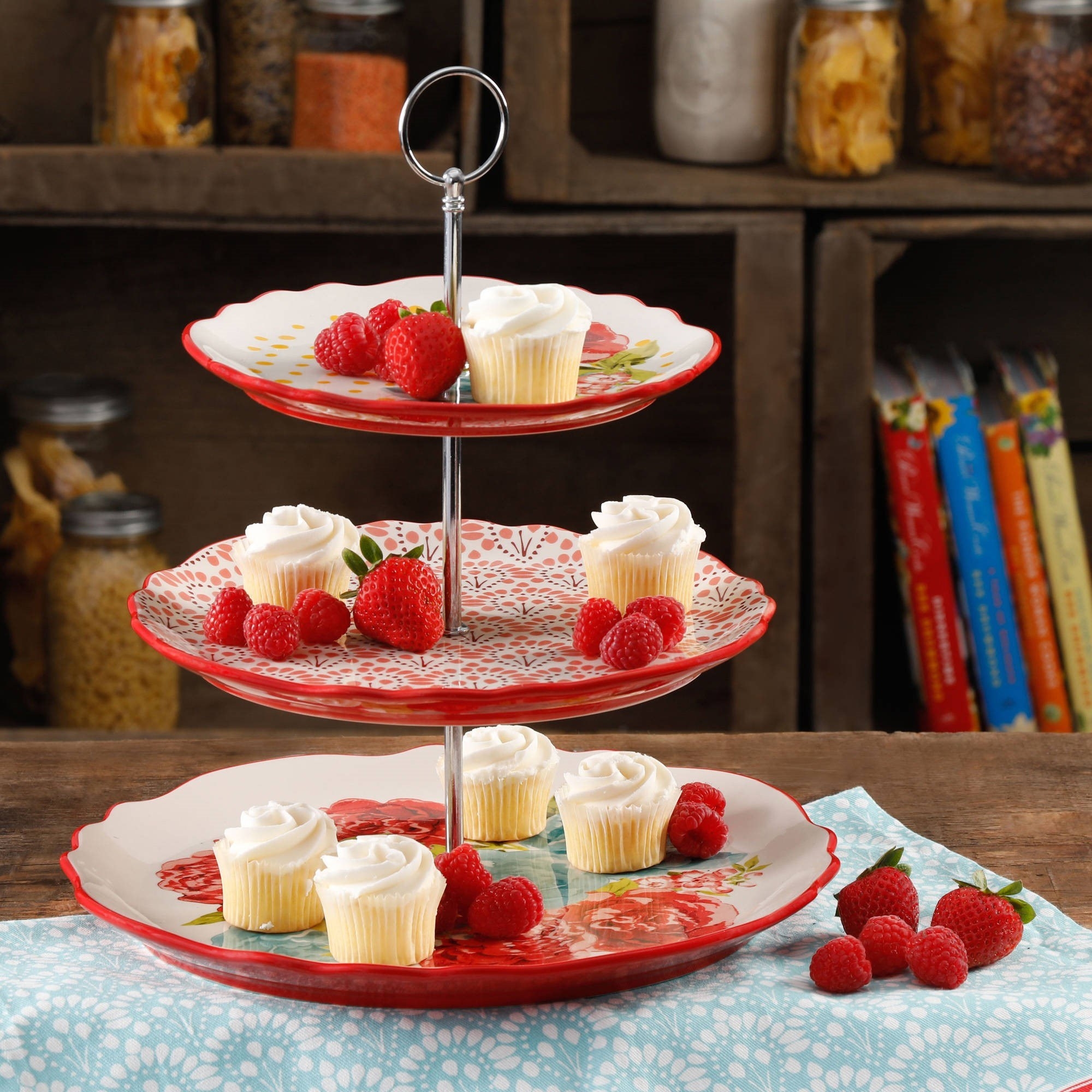The red and white floral tiered serving tray 