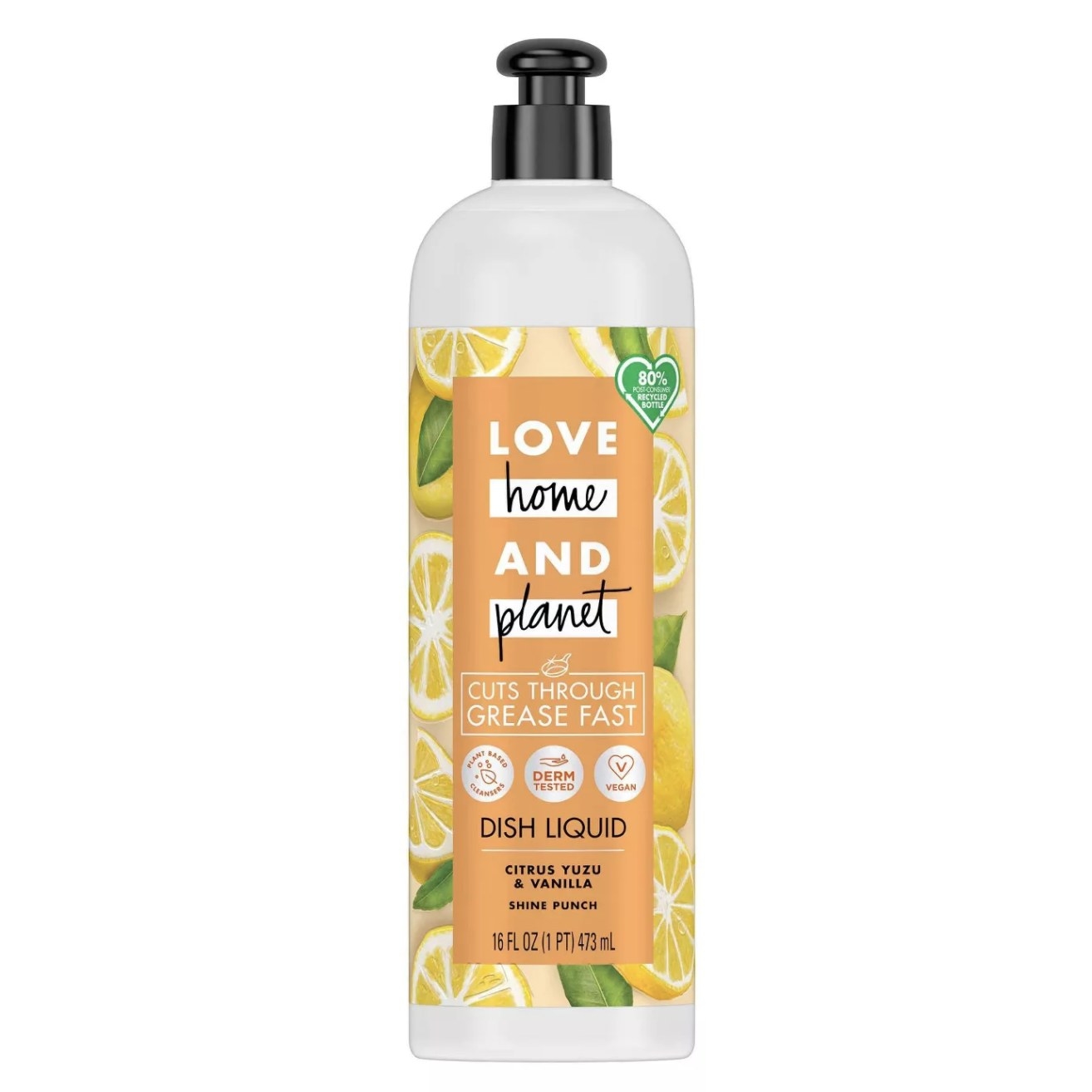 Clear bottle that says "Love Home And Planet Dish Liquid" with a lemon-print design