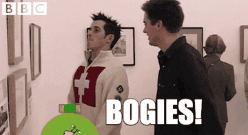 A gif from the CBBC show Dick &amp;amp; Dom in the bungalow in which dick and dom are at a gallery looking at paintings and one of them shouts bogies, which appears as a caption