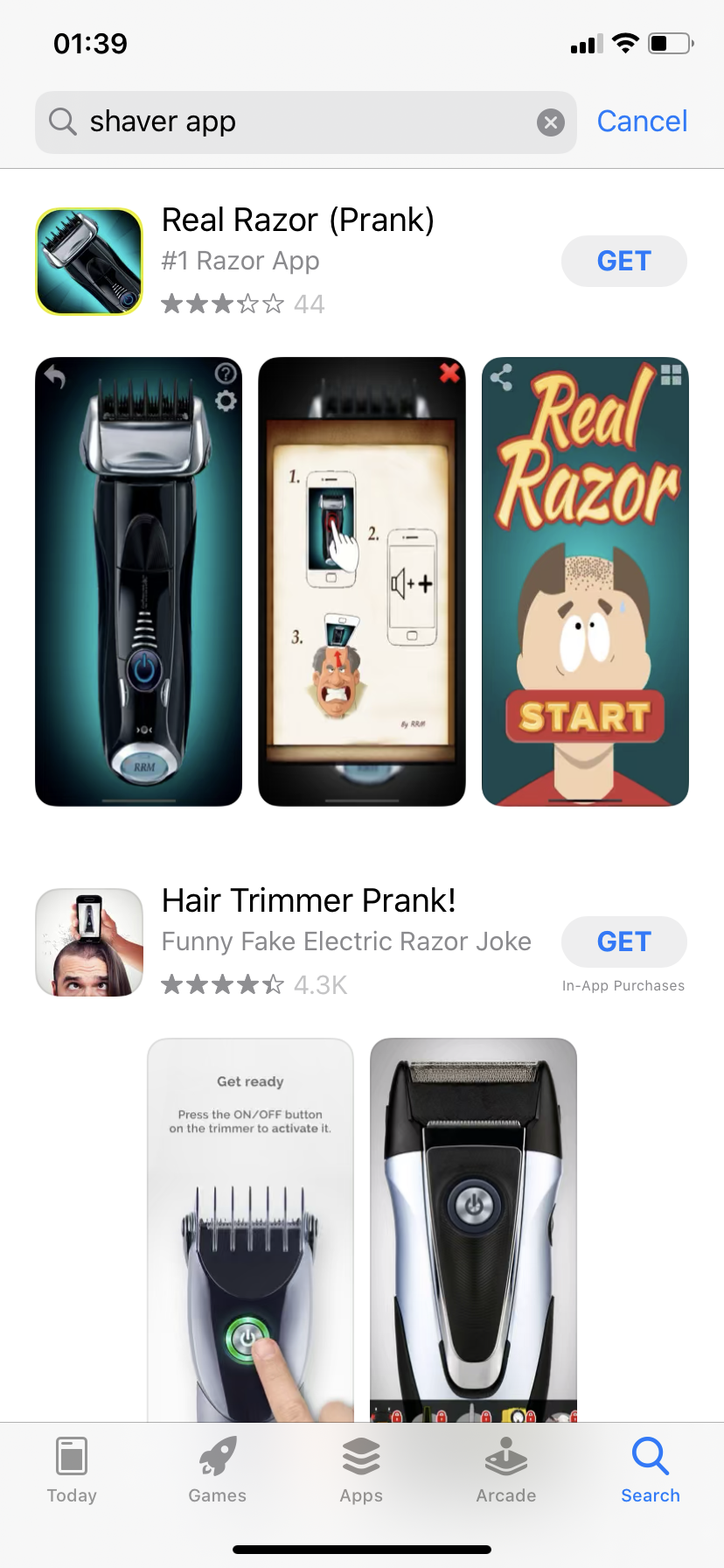 A screengrab from the apple app store showing two razor prank apps available for purchase