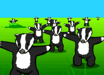 A gif showing several animated badgers squatting in a field in formation