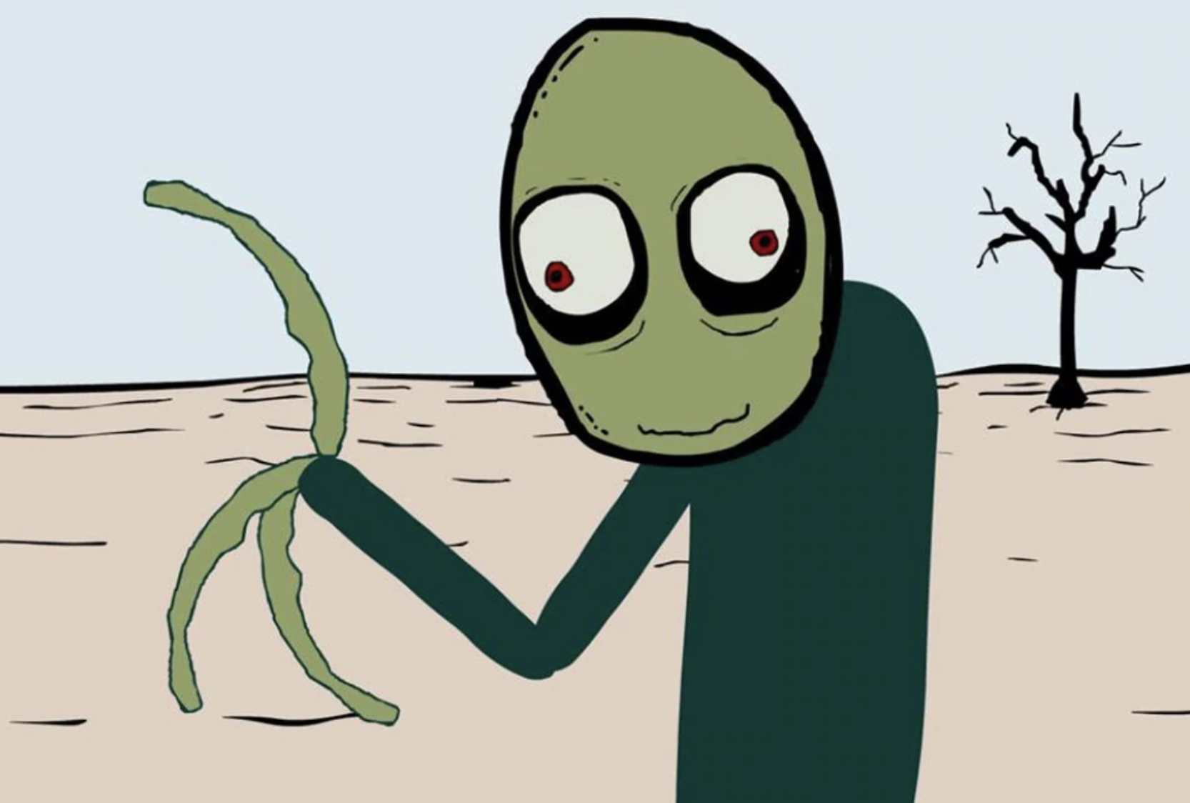 A still from the popular youtube series Salad Fingers showing a green man with austere features, crazy eyes and long fingers standing in front of a desertscape