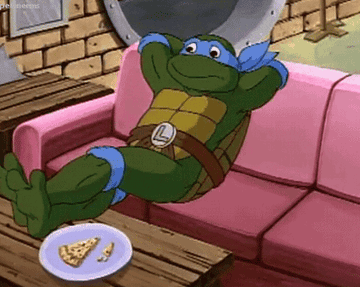 Leonardo from Teenage Mutant Ninja Turtles cartoon relaxing on a couch