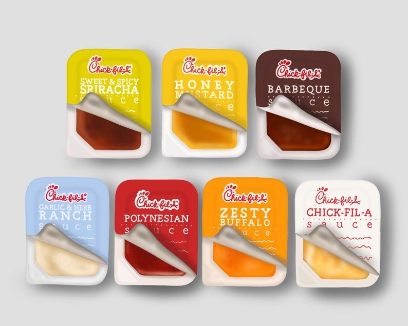 A pack of seven stickers that look like half-opened containers of Chick-fil-A sauce