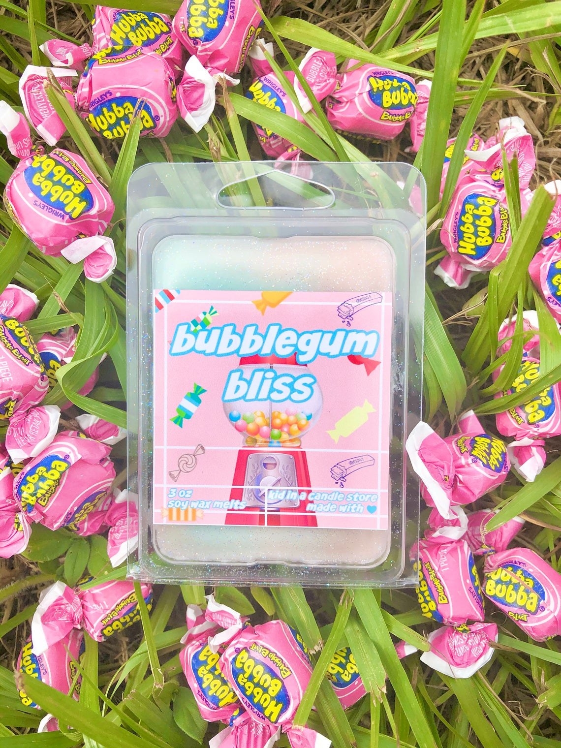 A pack of six wax melts in bubblegum themed packaging 