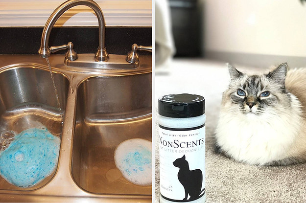 split thumbnail of double kitchen sink with foaming garbage disposer cleaner, cat with litter box deodorizer