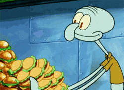 Squidward from Spongebob Squarepants stuffing burgers into his mouth