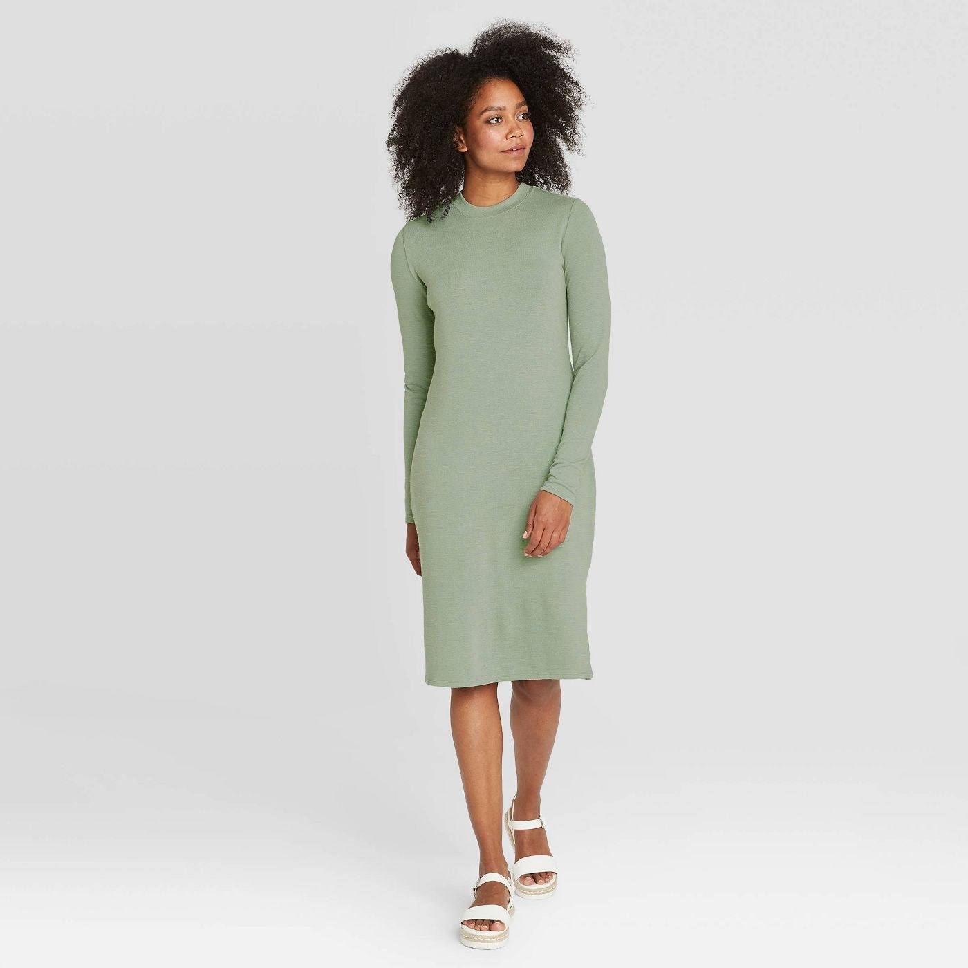 Model in long sleeved pale green dress that falls at knee 