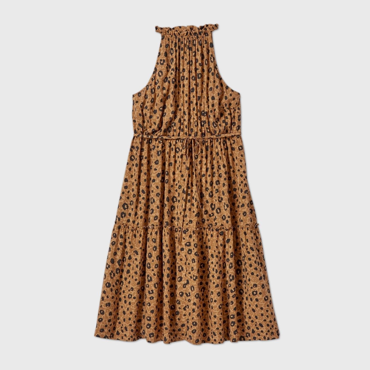 leopard print tiered dress with tie string at waist 