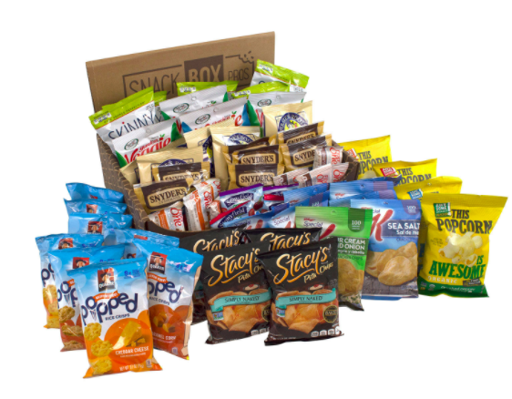 Giant snack assortment with popped chips, pita chips, popcorn, and pretzels