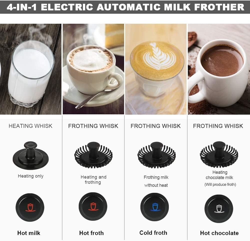The milk frother has different modes to heat, heat and froth, froth without heat, and heat with a bit of froth