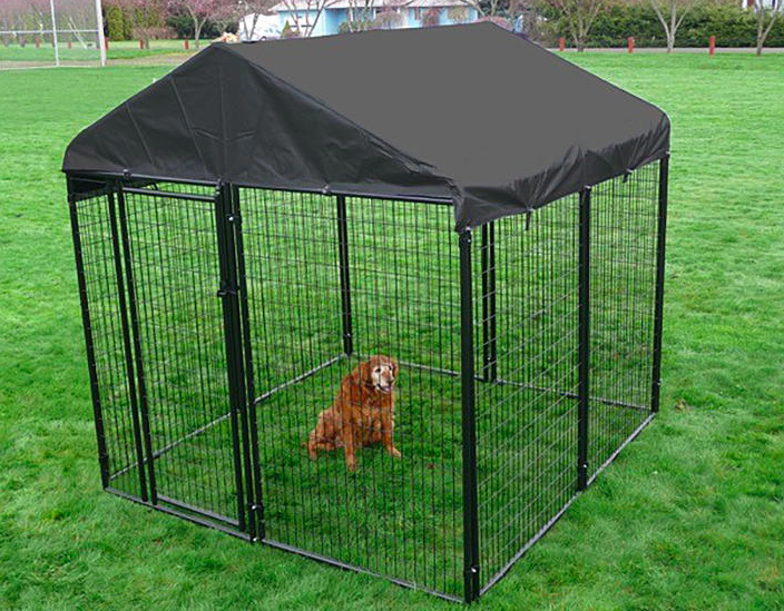 Golden dog sits inside black kennel with a waterproof cover on a field