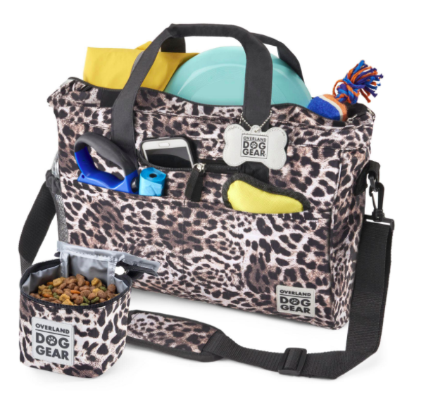 Leopard-print travel doggy tote with compartments and a food bowl