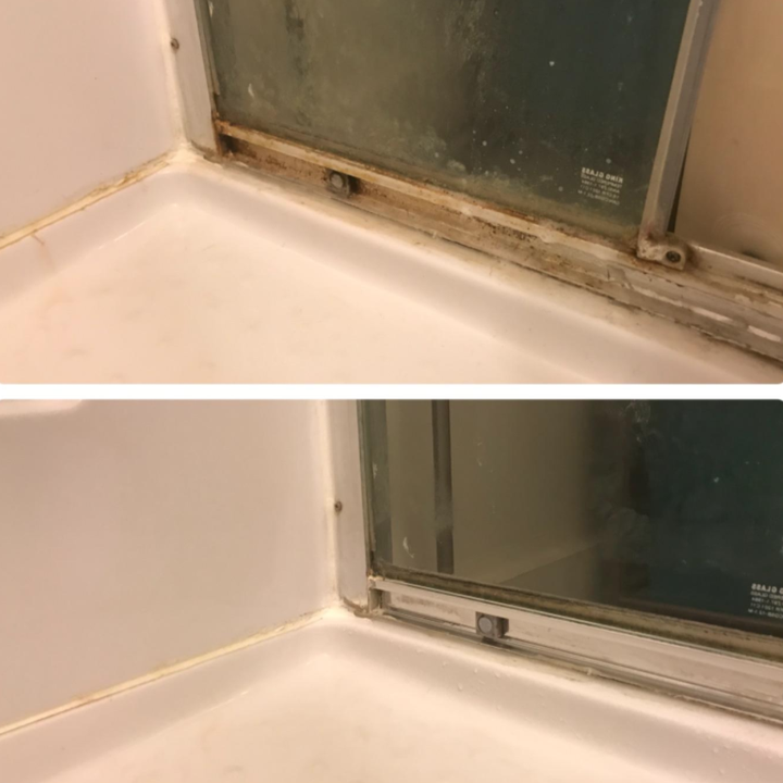 A grimy window track before and after being cleaned by the scrubber drill