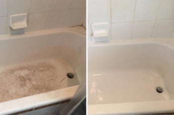 A before and after picture of a white tub that was dirty with grime and hard water stains before being completely cleaned by the scrubber drill