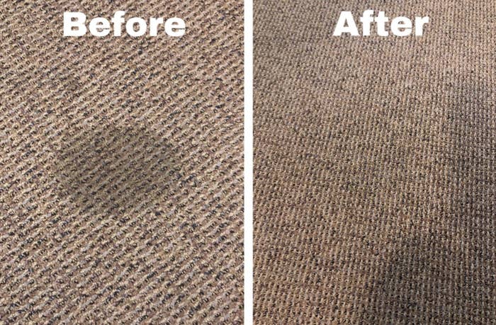 A round dark stain on a beige carpet before using the spray, then the same carpet with out and stain after using the spray