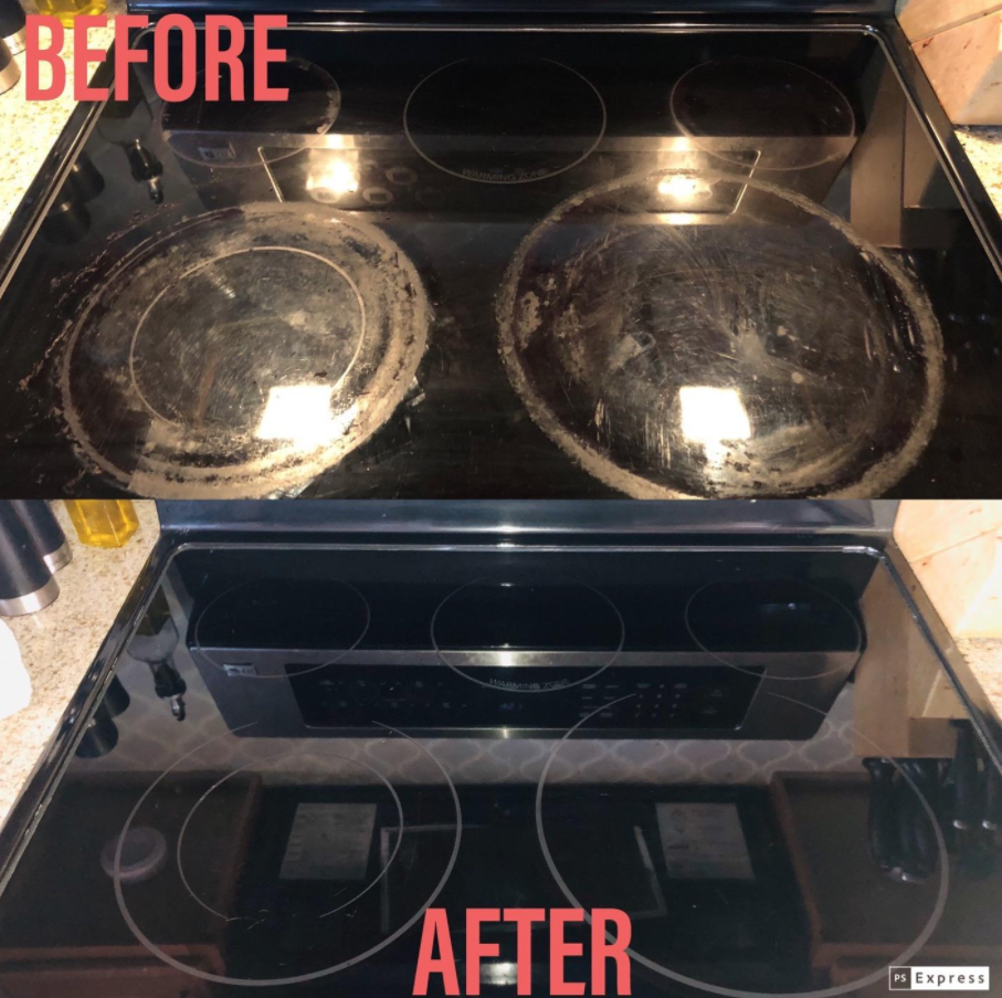 A scratched-looking, grime-covered stove top with buildup before using the product, then a completely clear and reflective stove top after using the product