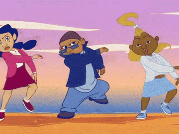 A GIF of &quot;The Proud Family&quot; characters Penny Proud, Sicky Webb, and Dijonay Jones dancing