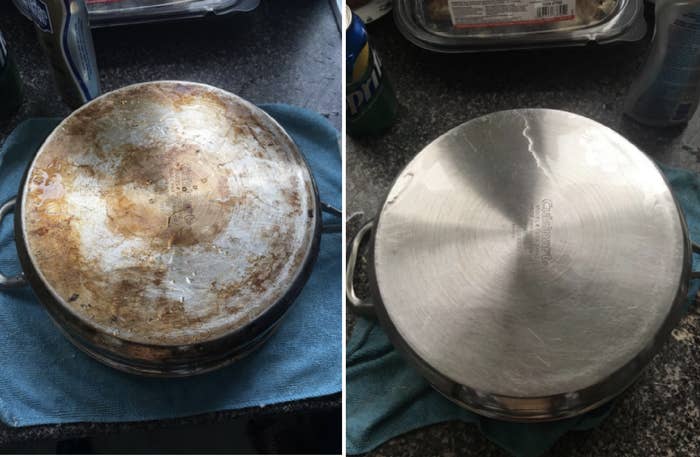 Reviewer&#x27;s pan before and after the cleanser. The pan had bad burn stains on bottom but the after photo shows a stain-free pan.