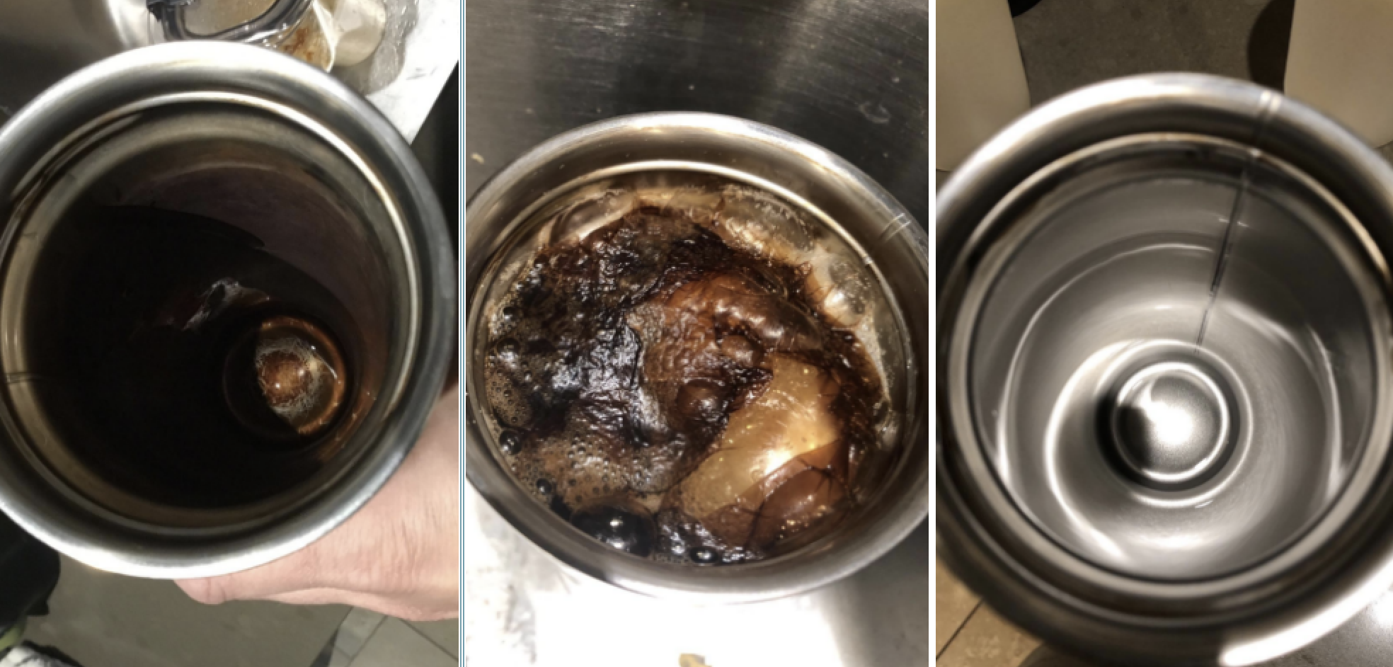 Reviewer&#x27;s progression photos showing tons of gunk bubbling up from water bottle. The after photo shows a clean water bottle with no stains. 