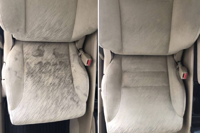Reviewer&#x27;s before-and-after image after using the car cleaner to remove stains from both the car seats