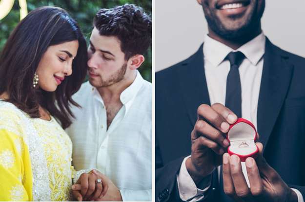 Priyanka and Nick Jonas and a man proposing.