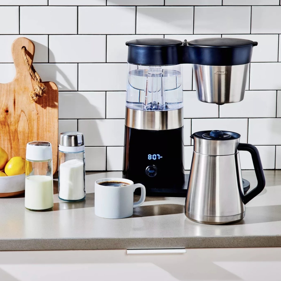 THe coffee maker, with stainless steel accents 