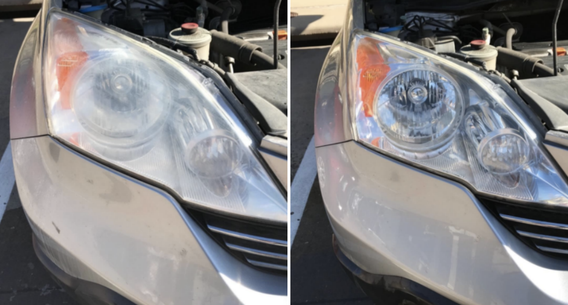 Reviewer&#x27;s before/after pic of headlights. After pic shows much clearer headlights.