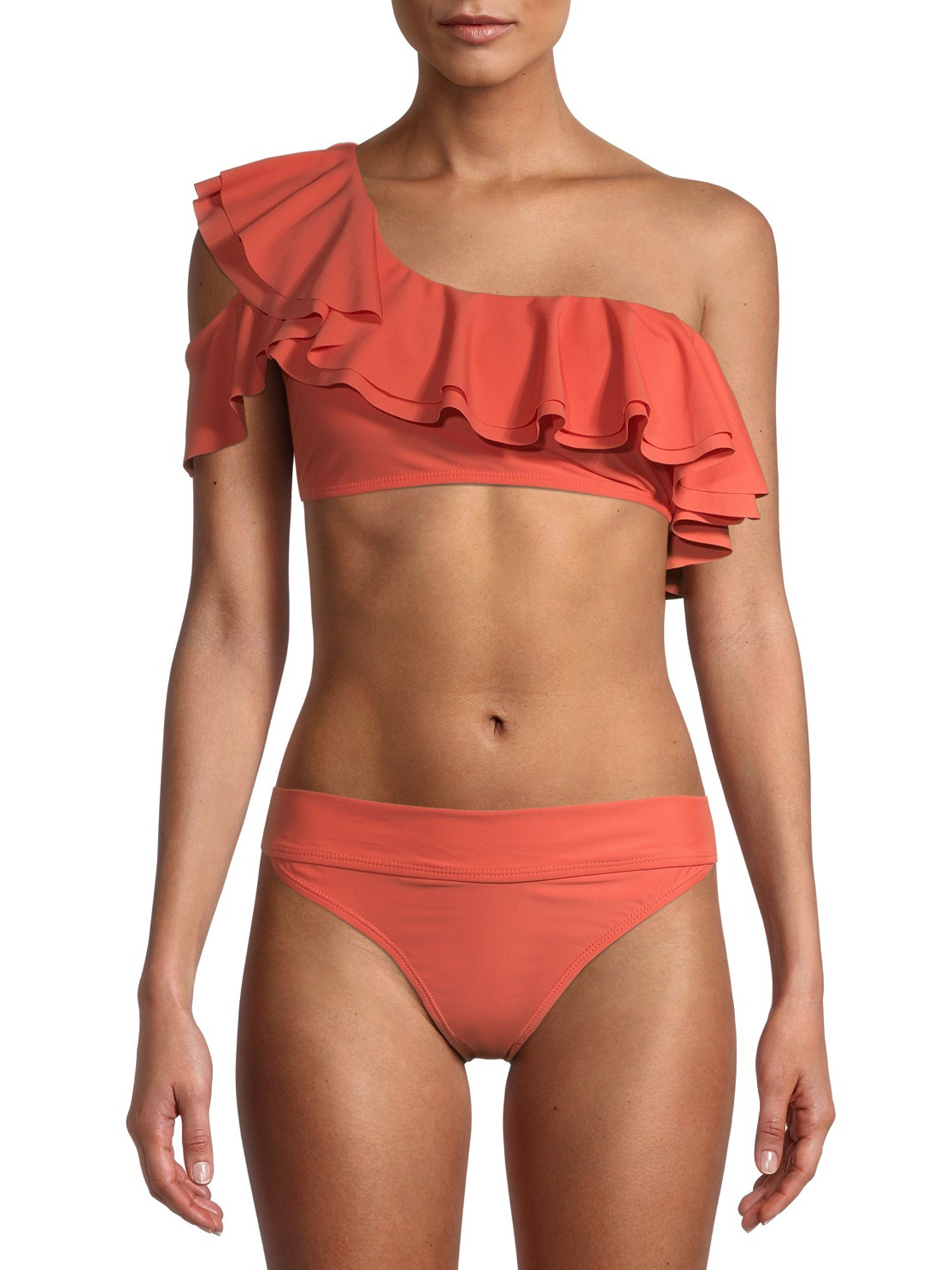 the ruffled one shoulder top in coral 