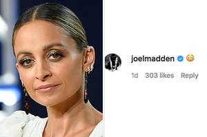 Nicole Richie and Joel Madden reacting with an embarrassed face