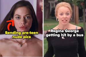 Jessica from "Crazy, Stupid, Love" taking nude pictures; Regina George from "Mean Girls" screaming outside