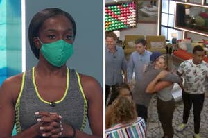 Da'Vonne from "Big Brother" wearing a mask and the houseguests hugging inside the house
