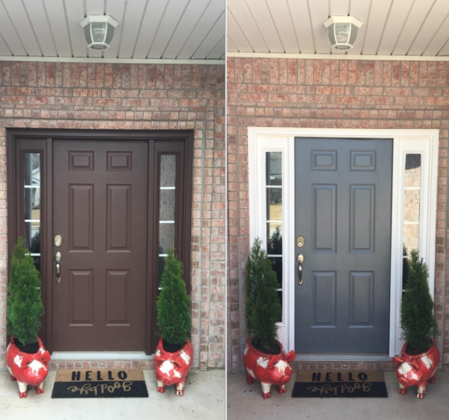 A reviewer&#x27;s front door was originally brown, then they used the paint to make the door frame white and the door itself gray